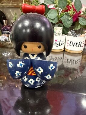 Japanese Kokeshi Doll Figurine with Red Bow